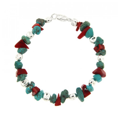 Bracelet Argent MASSAÏ/2  Bles Aplaties Chips Turquoise/rouge 20cm