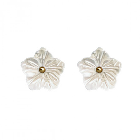 Boucles d'Oreilles Fleurs de NACRE Blanche et cœur en Or 9 mm