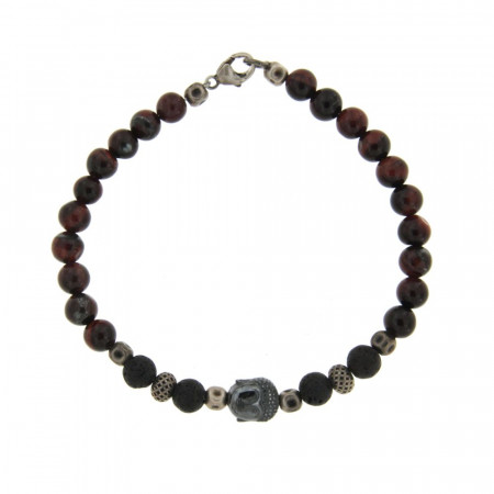 Bracelet Argent ANTIKA D6 Bouddha - Oeil de tigre rouge taureau 22cm