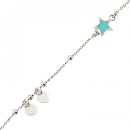 Bracelet Argent Etoile turquoise/chaine ble et mini coeurs 16+2cm