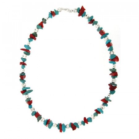 Collier Argent MASSAÏ/2  Bles Applaties Chips Turquoise/rouge 40cm