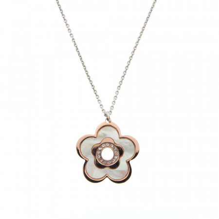 **Collier Argent NACRE Fleur - Bicolore Rose/RH L: 40cm - motif: 22x22mm