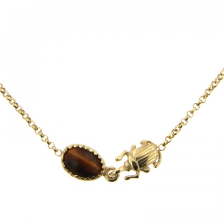Collier Plaqué Or KHEOPS / Scarabée Oeil de tigre 40+2,5cm