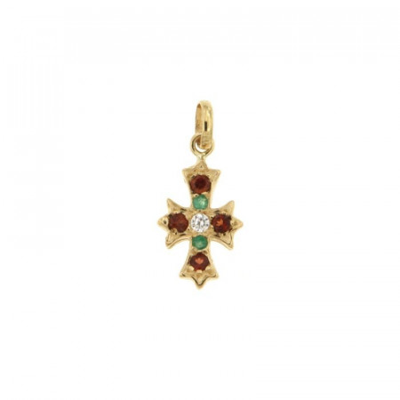 Pendentif CROIX BAROQUE 4 Rubis & Emeraude Or 375°°°