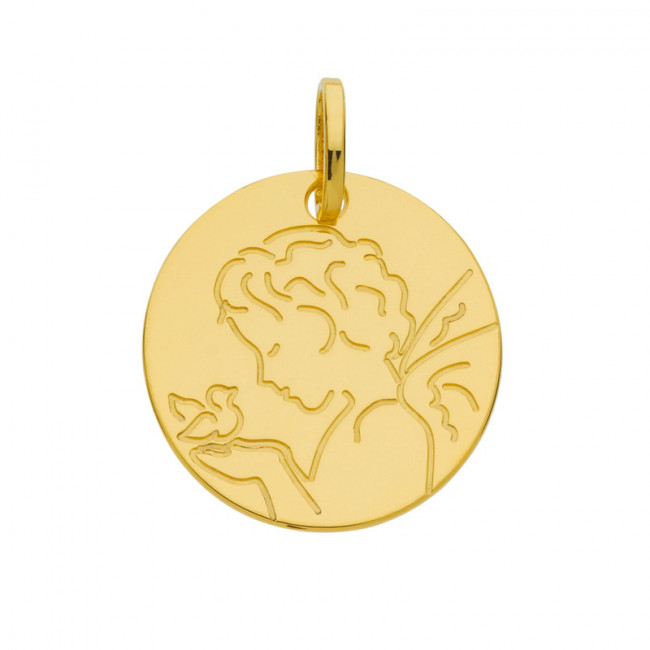 Médaille de bébé ange beurre et oiseau or jaune 18 K 14 mm Bisel Gravure personnalisée incluse 