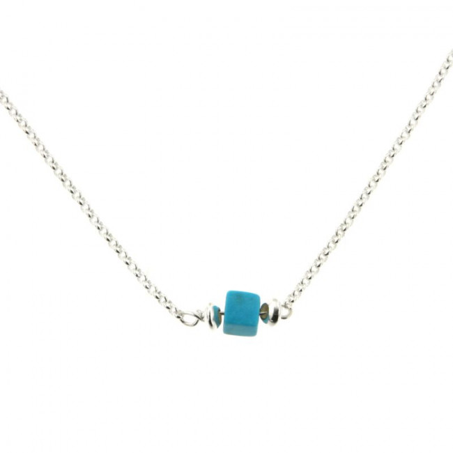 Collier Long Réglable En Métal Argenté Avec Pierres Turquoises - Occasion