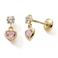 Boucles d'oreilles coeur rose pendant et oxyde Or 375°°° - FERMOIR VIS