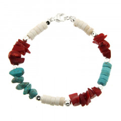 Bracelet Argent MASSAÏ/2  Chips/disk Turquoise/rouge/blanc 20cm
