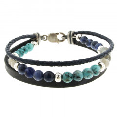 Bracelet Argent ANTIKA 2 cuirs 1 Pierres - Multi Turquoise S-Labradorite-Sodalit