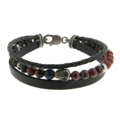 Bracelet Argent ANTIKA 2 cuirs 1 Pierres - Tête de mort Mexicaine