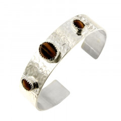 Bracelet Argent KHEOPS JONC15 Martelé boules 1x12/9 2x8/6 Oeil de tigre