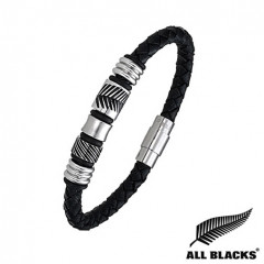 Bracelet ALL BLACKS Cuir tressé Perles Feuilles